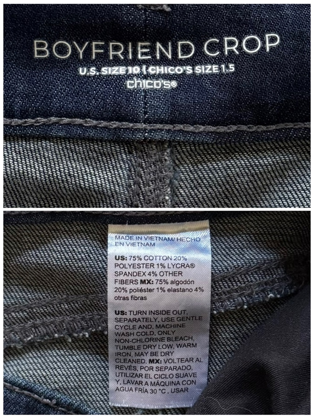 CHICO’S 1.5 Relaxed Boyfriend Jeans Dark Wash Cropped Denim Ariel Sea Indigo 10 - Picture 6 of 11